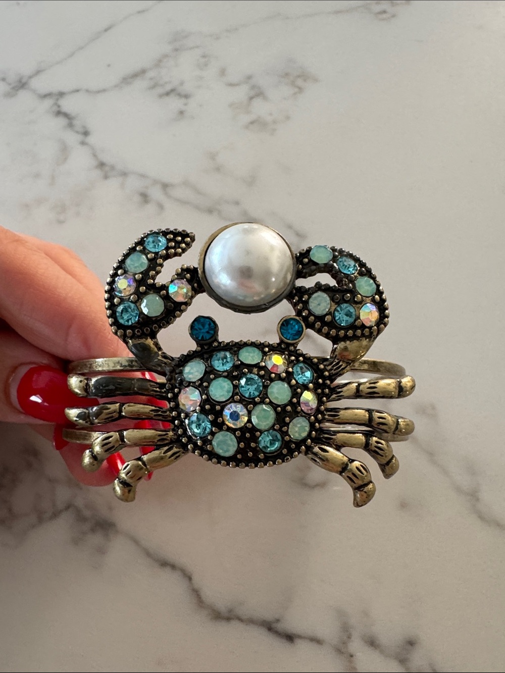 Betsey Johnson Gold-Tone Pearl & Aqua Crystal Crab Cuff Bracelet